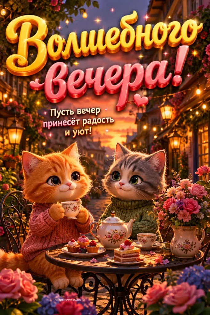 Открытка «Хорошего вечера с котятами»