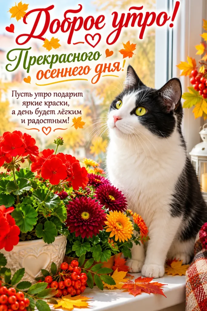 Открытка «Осеннее утро с котиком»