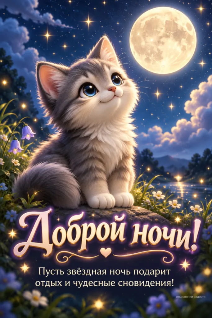 Открытка «Доброй ночи с котёнком»