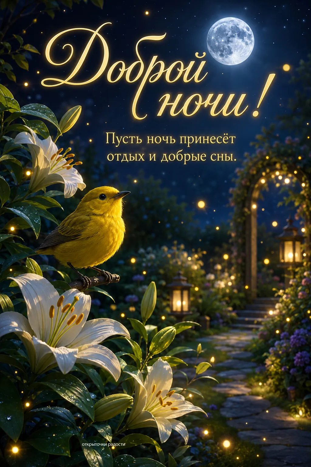 Открытка «Доброй ночи с жёлтой птичкой»