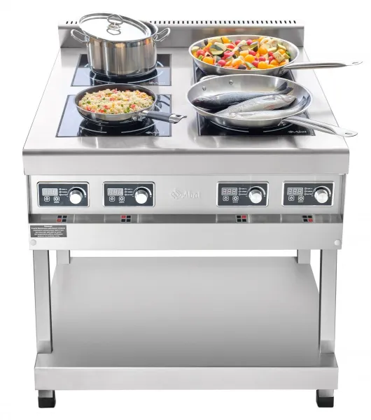Плита индукционная 4-х конфорочная КИП-49П-5,0-01, нерж. сталь, 840х900х940 мм, 9 уровней мощности, +60…+240 С, 20 кВт, 400 В, 4 независимых индуктора, стеклокерамика 6 мм, 2 жироулавливающих фильтра,