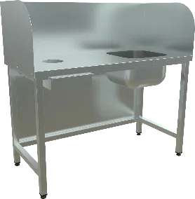 Стол для чистки рыбы СЧР-130/60 (столешница – нерж. сталь aisi 430, усиление ЛДСП, отв. Диаметром 150мм, выдвижной ящик под отходы, ёмкость нерж. сталь. aisi 304, съемный борт 400мм с 3-х сторон, к