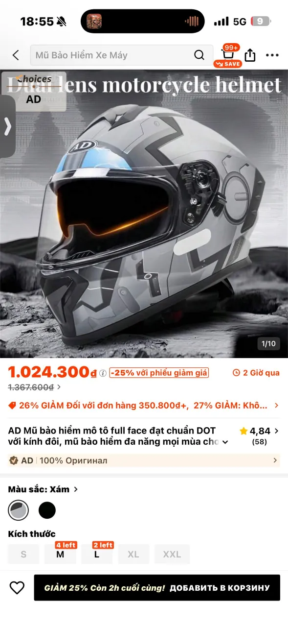 Helmet with tinted visor, size XL