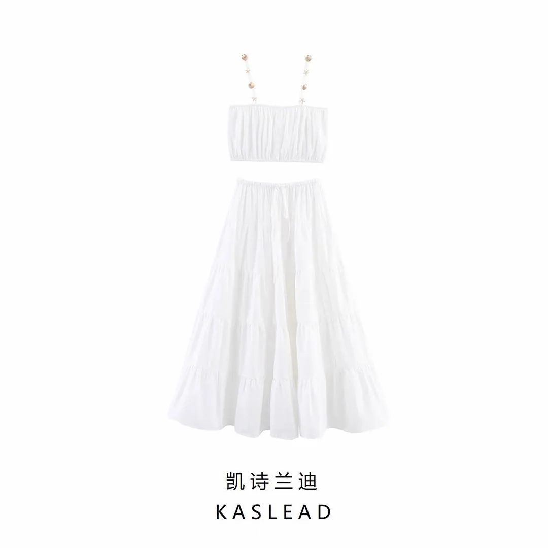 White Cotton Outfit: Top and Skirt, Size L