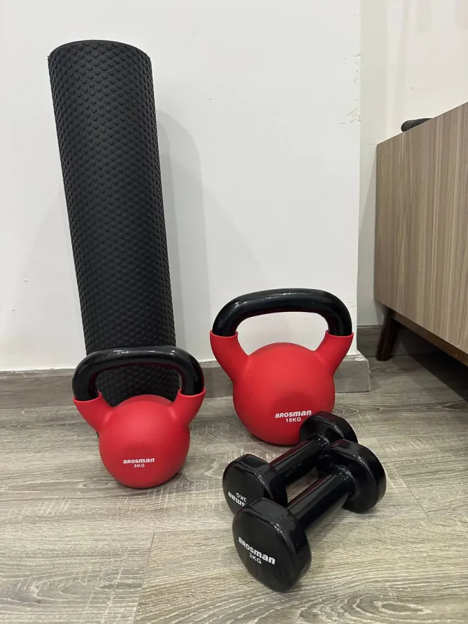 Kettlebells, dumbbells, and foam roller